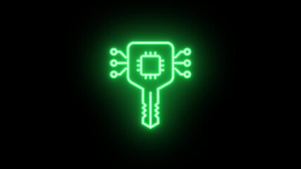 Poster - Neon digital key icon, flickering emergence and fading. Glowing neon protection key icon, looped. Digital key with chip, secure access, data encryption, cybersecurity. Yellow green orange colors