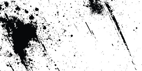 Aufkleber - Abstract ink splatter background with black and white textures. A dynamic and chaotic effect, movement with different sizes of spots, splashes, drips, drops and smudges. Isolated on white background. 