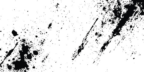 Aufkleber - Abstract ink splatter background with black and white textures. A dynamic and chaotic effect, movement with different sizes of spots, splashes, drips, drops and smudges. Isolated on white background. 