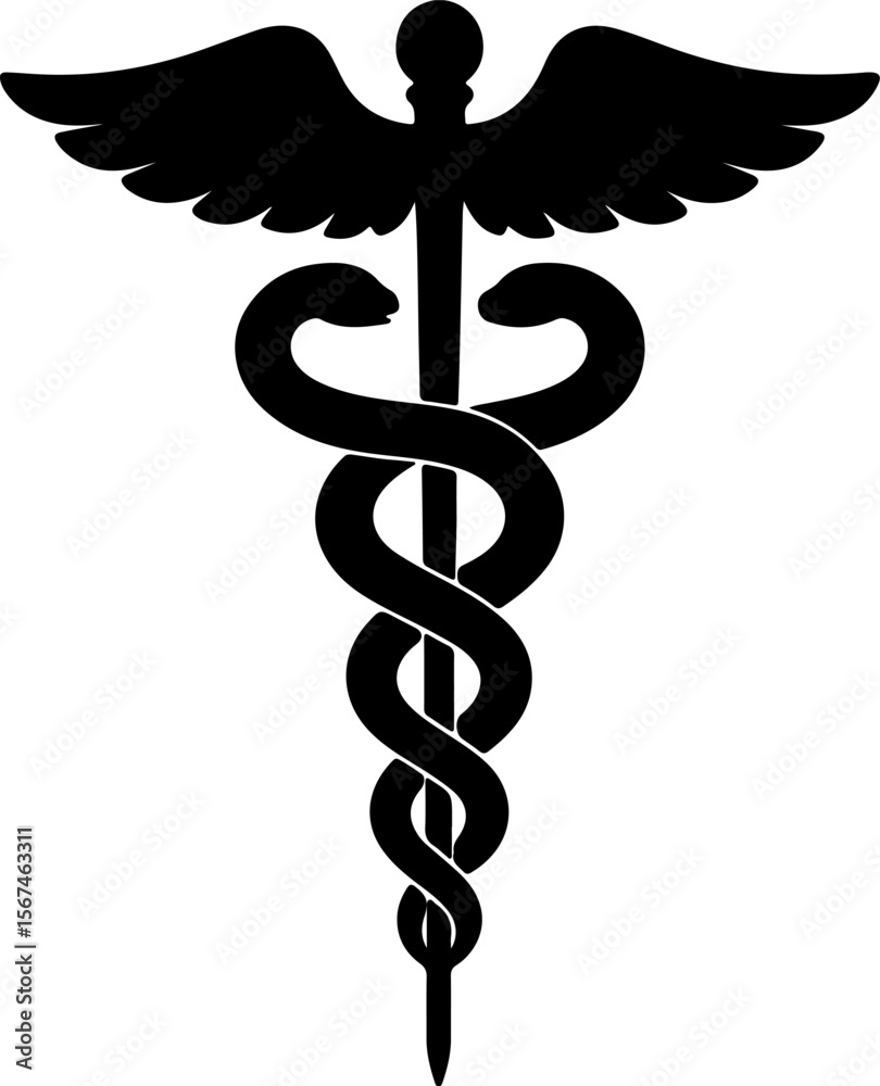 Black caduceus medical symbol with wings and snakes silhouette Stock ...