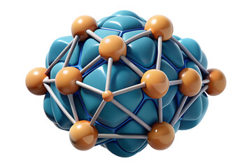 Poster - A rendered representation showcases a molecule with orange spheres linked by rods on a textured blue surface, isolated on a black backdrop, transparent background