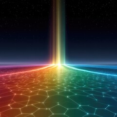 Poster - Cyber Signal Path: A Rainbow Beam Over Hex Grid Cityscape