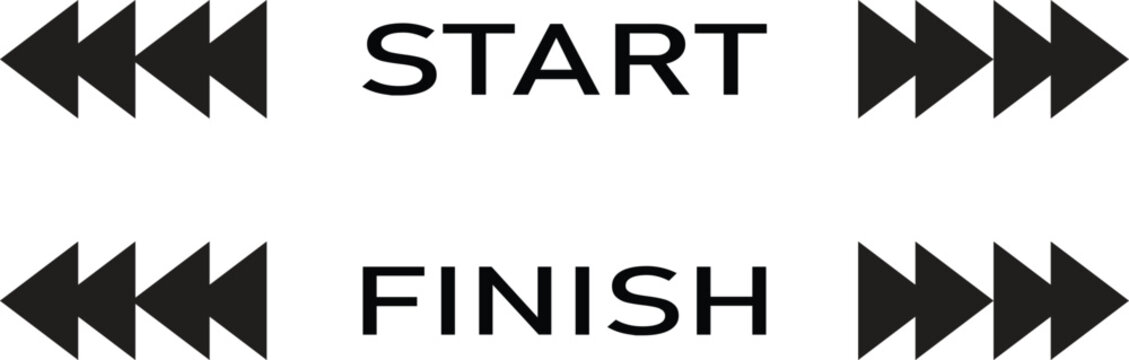 Start and finish arrow icons with bold black text and directional triangles. Perfect vector elements for race banners, progress indicators, UI design, timelines, and navigation graphics.