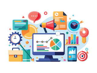 Poster - Business analytics and marketing strategy elements including charts graphs and targets isolated on white background
