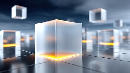 Poster - Floating Silver Cubes with Orange Glow on Dark Reflective Surface