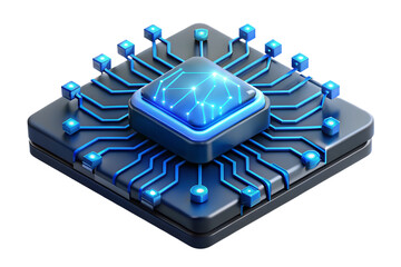 Poster - A futuristic microchip design glows with blue circuitry on a transparent background, representing technology innovation and advanced computing.