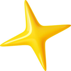 Wall Mural - 3d realistic four pointed yellow sparkle star. Product rating symbol, magic decoration or game UI element. Three dimensional golden or yellow glossy plastic star isolated vector shape