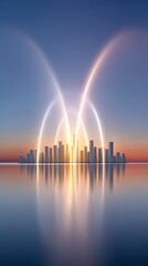 Poster - Glowing Arcs over City Skyline at Sunset