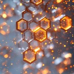 Poster - Glowing Orange Hexagon Particles Abstract Background