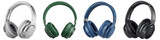 Four colorful headphones isolated on transparent background