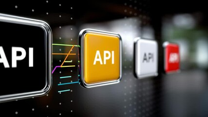 Poster - Black and yellow sign with the word API on it. The sign is surrounded by other signs