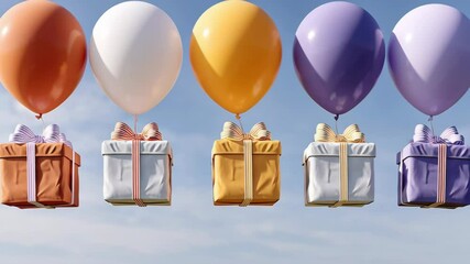 Poster - Series of balloons with boxes on top of them, each balloon with a different colored box. The balloons are floating in the air, creating a festive and joyful atmosphere