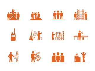 Poster - Collection of orange construction and teamwork icons depicting collaboration leadership communication and building processes on a black background silhouette