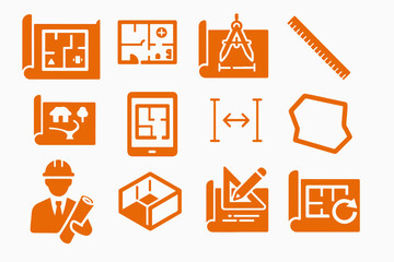 Poster - Collection of orange architectural and construction design icons representing blueprints floor plans site plans a builder a ruler a compass measurements and a 3d model silhouette