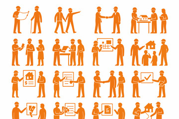 Poster - Diverse group of construction workers and architects collaborating on building projects presenting plans discussing blueprints and shaking hands in a clear silhouette style