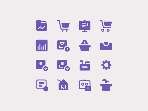 Collection of modern flat purple abstract icons representing business finance shopping user interface and technology elements on a light grey background silhouette
