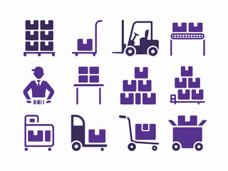 Poster - Collection of warehouse and logistics icons featuring a forklift pallet jack hand truck worker with barcode scanner conveyor belt and stacked boxes in a clean modern silhouette style