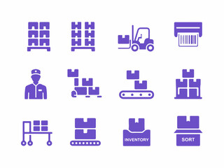 Poster - A collection of purple warehouse and logistics icons including shelving a forklift barcode scanner worker pallet jack conveyor belt inventory and sorting boxes silhouette