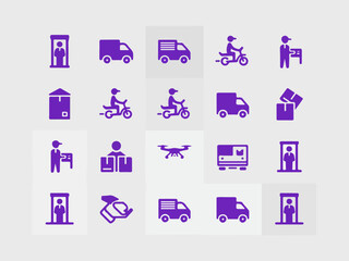 Poster - Collection of purple delivery service icons featuring vans motorcycles drones and couriers in a clean graphic silhouette style on a light gray background