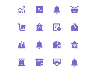 Poster - Collection of modern flat design icons in purple on a black background representing business analytics notifications shopping and delivery services with a distinctive silhouette style