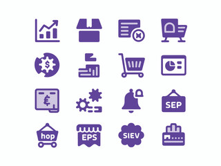 Poster - Collection of purple business and finance icons including a bar graph shopping cart delivery truck euro symbol gears bell and september sign in a clean silhouette style