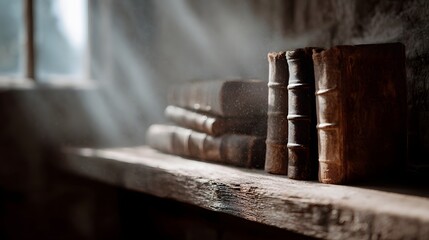 Poster - A collection of aged books on a wooden shelf in a classic library setting