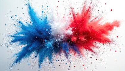 Poster - Vivid explosion of red white, blue powder particles creating dynamic abstract image. Patriotic spirit, energy shown with energetic burst. Burst of colors on white background, perfect for holiday