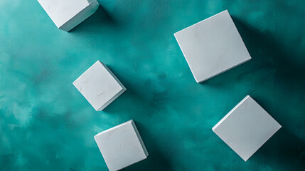 Poster - Five white cubes on a textured teal surface create a geometric abstract