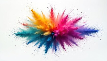 Poster - Explosion of vibrant Holi powder in shades of blue, teal, yellow, pink, purple bursts against clean white background. Dynamic cloud of color features fine dust particles, plumes, suggesting energy,