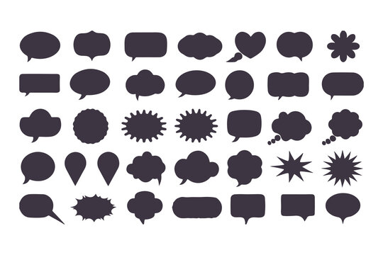 Set of black speech bubble icons. Collection of various callouts for comic, manga, and chat. Flat vector silhouette dialogue boxes.