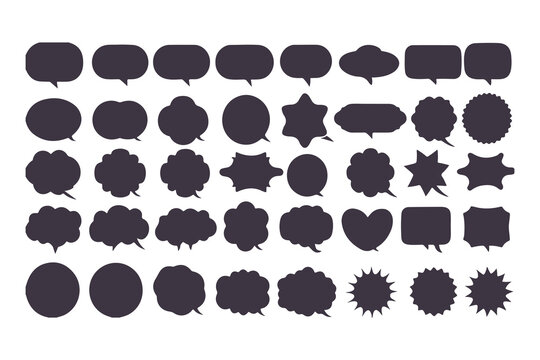Set of black speech bubble icons. Collection of various callouts for comic, manga, and chat. Flat vector silhouette dialogue boxes.