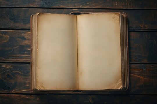 Sharp Image of Old Book Open on a Wooden Table Seen From Above