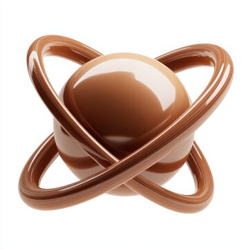 Glossy Brown Sphere Orbiting Intersecting Rings, 3D Render