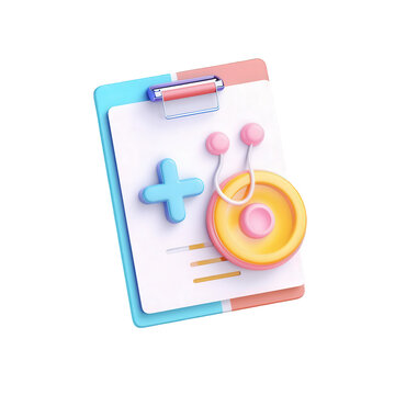 A 3d rendering of a medical clipboard with a stethoscope and plus sign isolated on transparent background