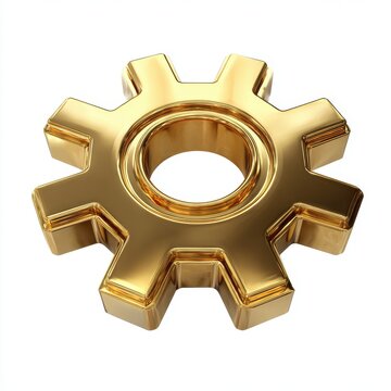 Golden Gear Detailed 3D Render of Metallic Cogwheel on White