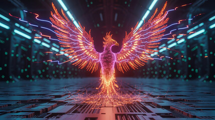 Poster - Digital Phoenix: A radiant phoenix, crafted from vibrant lines of digital light, takes flight, soaring through a futuristic, data-driven realm, with neon glows and a cutting-edge cybernetic aesthetic.
