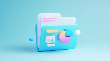 Poster - Modern 3D rendered cyan folder icon on soft blue background featuring pie-chart, bar-chart, rectangular shapes, floating spheres, and open interior with pink lines.