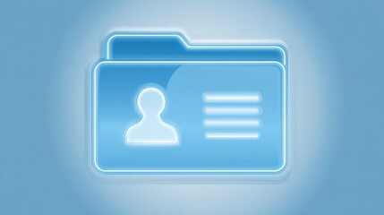 Poster - Translucent blue-toned folder icon with 3D raised edge on gradient blue background, featuring white-outlined person silhouette and three horizontal lines, clean modern digital aesthetic.