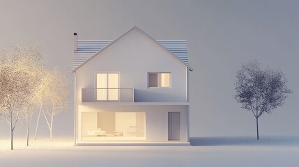 Poster - Minimalist house with trees rendered in pale colors, showcasing modern architecture