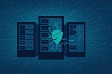 Poster - Digital Security Concept with Server Racks and Shield Icon on Background Featuring Circuit Patterns