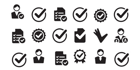 Leinwandbilder - Collection of black and white check mark icons with people and document representations in a pattern