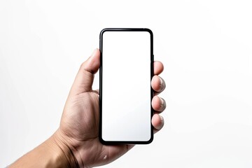 Male Hand Holding Black Smartphone with Blank Screen, Isolated on White Background