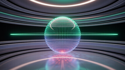 Poster - Abstract Sphere in Futuristic Space: An entrancing spherical form is showcased within a futuristic setting, where lines of colored lights create an advanced ambiance. The sphere.
