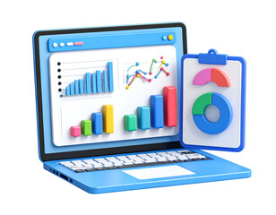Poster - Animated laptop displaying colorful charts and data on a clipboard