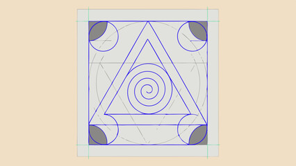 Poster - Geometric design with triangle spiral circles and arcs within a square frame