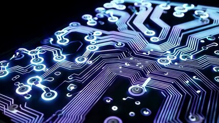Poster - Electronic circuit board glowing with data flowing
