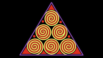 Aufkleber - Geometric triangle pattern with swirling spirals and dots on black background