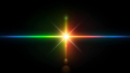 Poster - Abstract Colorful Starburst Lens Flare Effect with Light Streaks Against Black Background - Radiant, Cosmic, Futuristic, and Striking Design Element