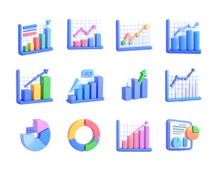 Poster - 3D render of data charts, bars, lines, and pie graphs on black background