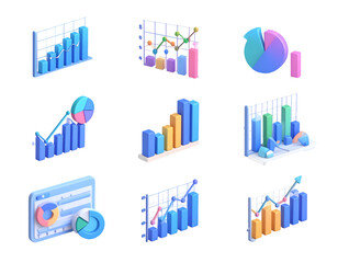Poster - Nine isometric 3D graph and chart icons in blue, pink and yellow on a black background